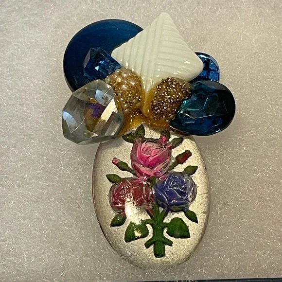 Signed Ropa Vintage Costume Brooch Blue Pink Flowers Shells Sparkly 🌸✨ - Picture 2 of 7
